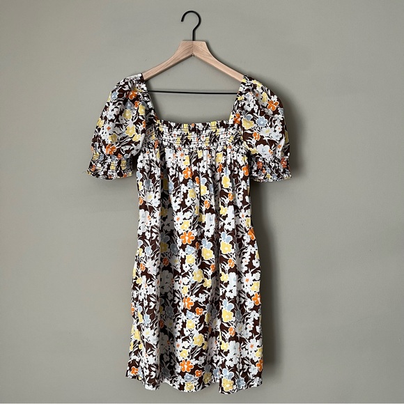 Tory Burch Floral Puff Sleeve Dress - White, Yellow, Brown - Picture 4 of 11